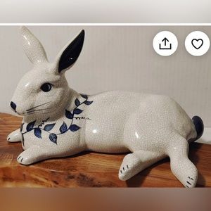 Vintage Large Dedham Blue & White Crackle Glaze Rabbit Ceramic Figure.Signed